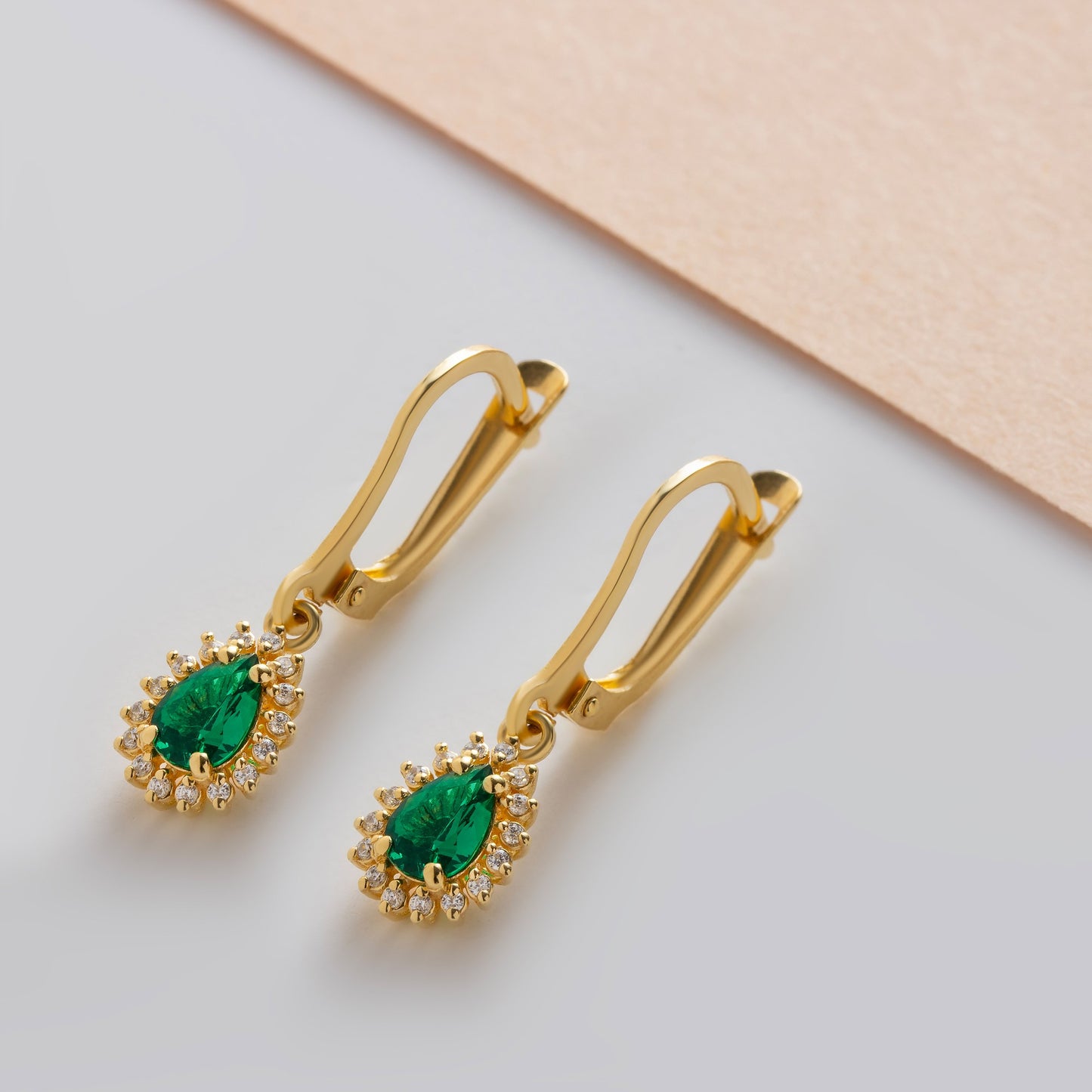 Teardrop Emerald Bezel Dangling Earrings in 8K/10K/14K Solid Gold Surrounded with Real Diamonds, May Birthstone Jewelry