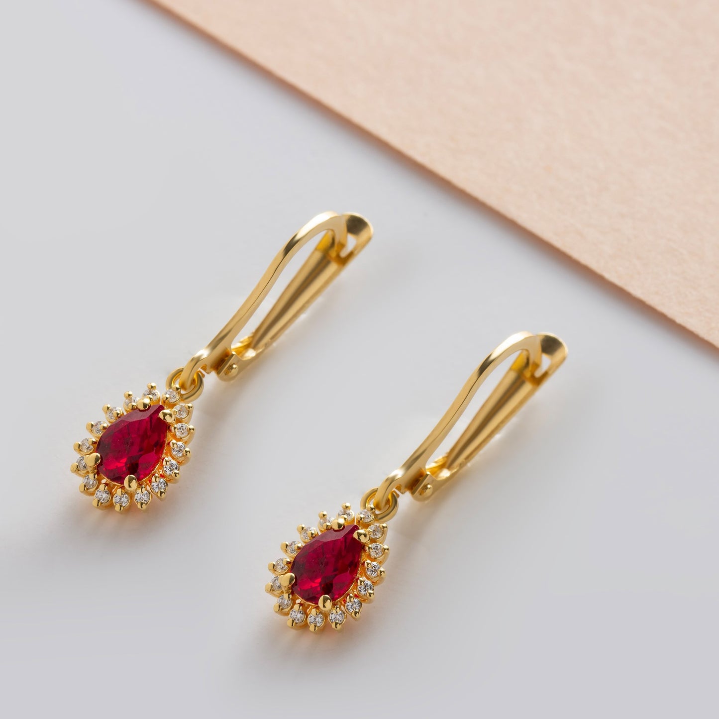 Teardrop Ruby Bezel Dangling Earrings in 8K/10K/14K Solid Gold Surrounded with Real Diamonds, July Birthstone Jewelry