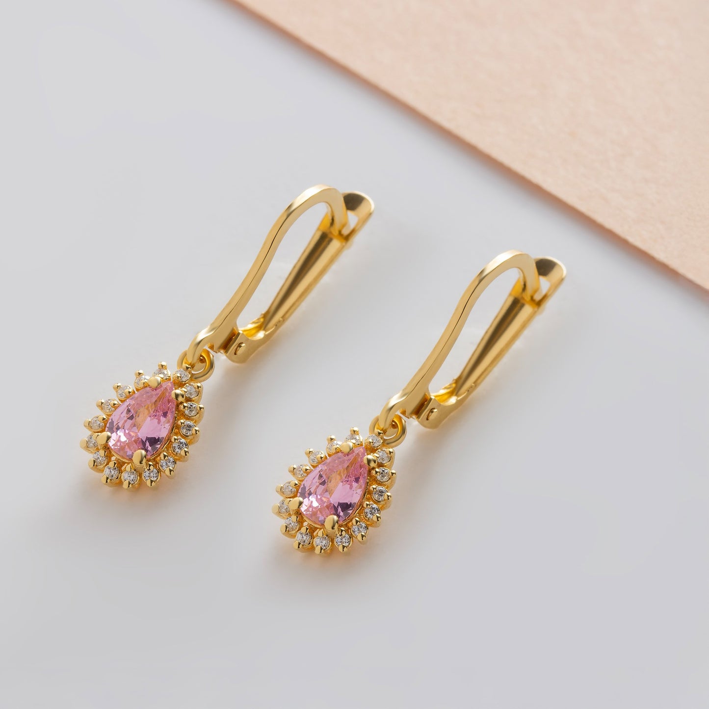 Teardrop Pink Tourmaline Bezel Dangling Earrings in 8K/10K/14K Solid Gold Surrounded with Real Diamonds, October Birthstone Jewelry