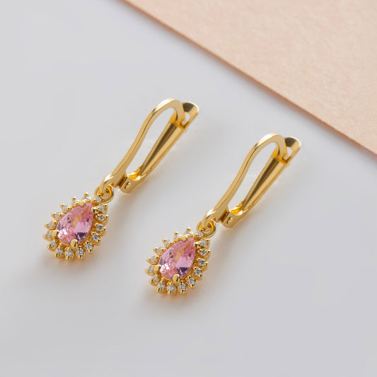 Teardrop Pink Tourmaline Bezel Dangling Earrings in 14K Solid Gold Surrounded with Real Diamonds, October Birthstone Jewelry