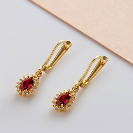 Teardrop Garnet Bezel Dangling Earrings in 8K/10K/14K Solid Gold Surrounded with Real Diamonds, January Birthstone Jewelry