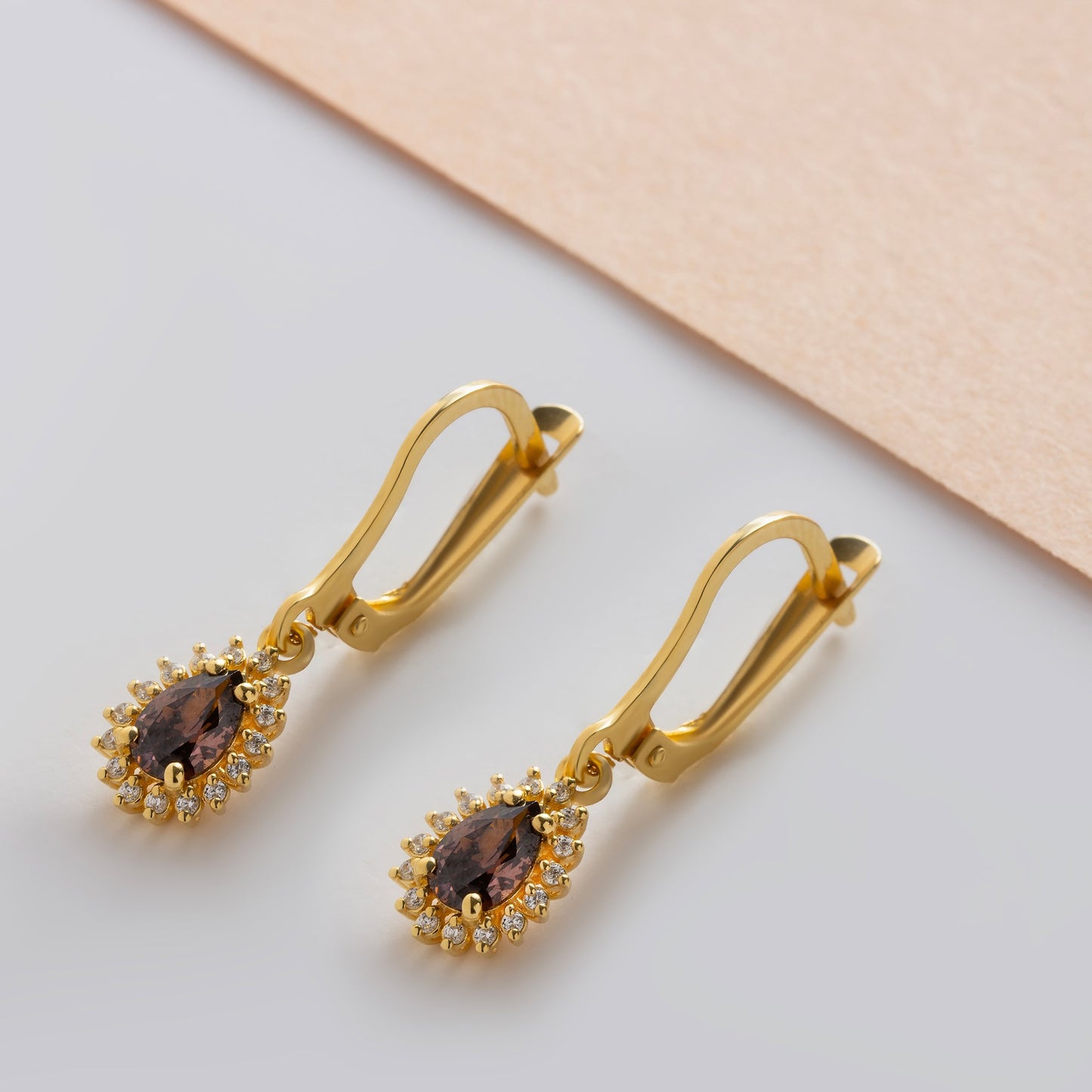 Teardrop Smoky Quartz Bezel Dangling Earrings in 8K/10K/14K Solid Gold Surrounded with Real Diamonds, Birthstone Jewelry