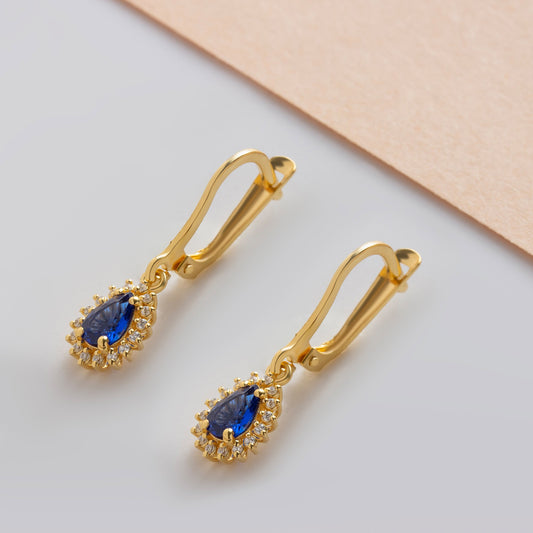 Teardrop Sapphire Bezel Dangling Earrings in 8K/10K/14K Solid Gold Surrounded with Real Diamonds, September Birthstone Jewelry