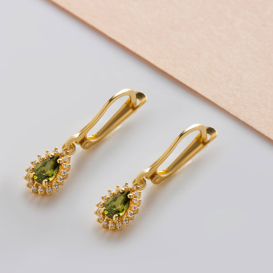 Teardrop Peridot Bezel Dangling Earrings in 8K/10K/14K Solid Gold Surrounded with Real Diamonds, August Birthstone Jewelry