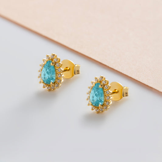 Teardrop Aquamarine Bezel Stud Earrings in 10K/14K Solid Gold Surrounded with Real Diamonds, March Birthstone Jewelry