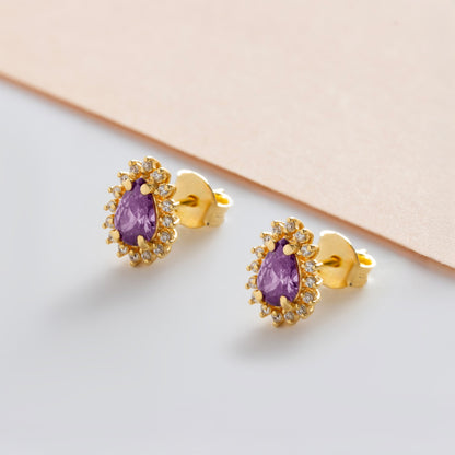 Teardrop Amethyst Bezel Stud Earrings in 10K/14K Solid Gold Surrounded with Real Diamonds, February Birthstone Jewelry