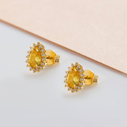Teardrop Yellow Topaz Bezel Stud Earrings in 10K/14K Solid Gold Surrounded with Real Diamonds, Birthstone Jewelry