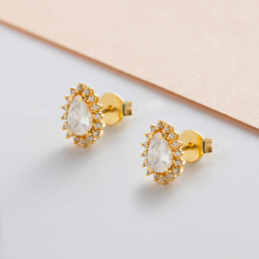 Teardrop White Topaz Bezel Stud Earrings in 10K/14K Solid Gold Surrounded with Real Diamonds, April Birthstone Jewelry