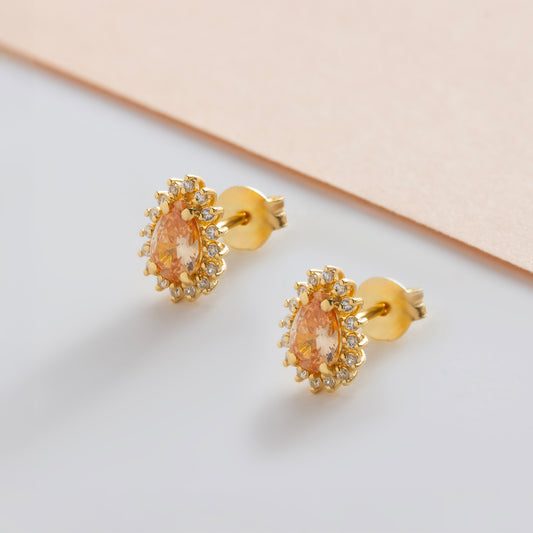 Teardrop Citrine Bezel Stud Earrings in 10K/14K Solid Gold Surrounded with Real Diamonds, November Birthstone Jewelry