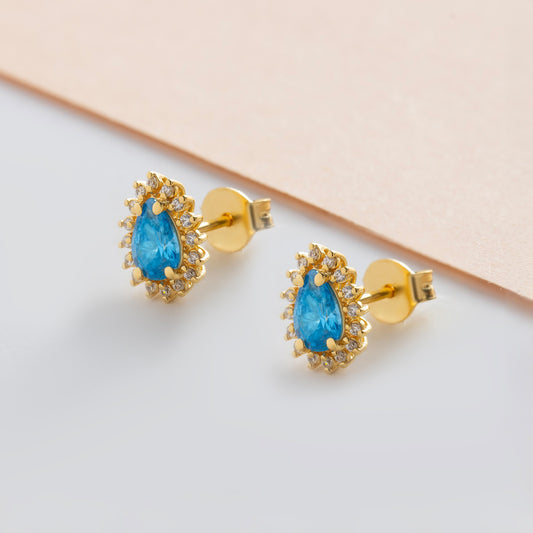 Teardrop Blue Topaz Bezel Stud Earrings in 10K/14K Solid Gold Surrounded with Real Diamonds, December Birthstone Jewelry