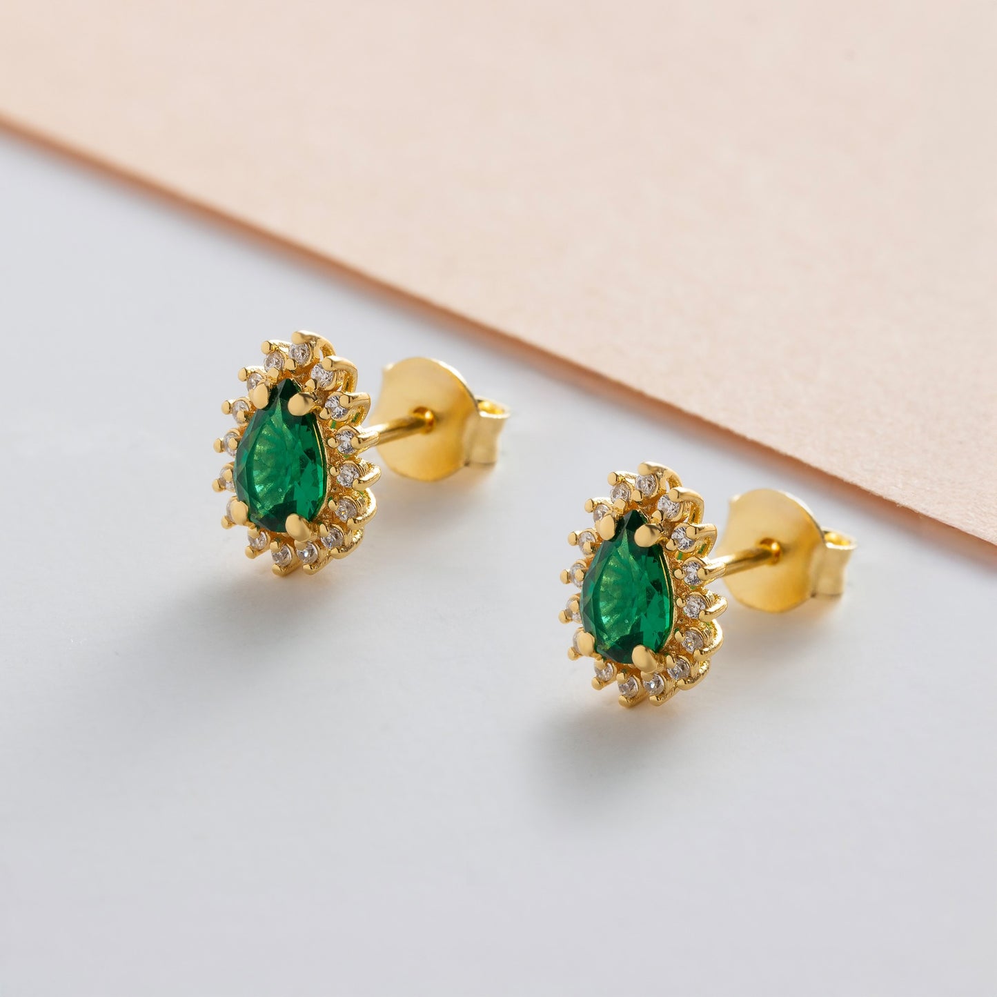 Teardrop Emerald Bezel Stud Earrings in 10K/14K Solid Gold Surrounded with Real Diamonds, May Birthstone Jewelry