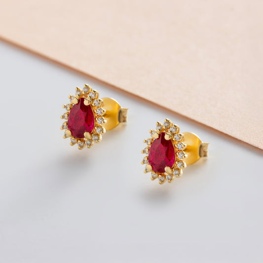Teardrop Ruby Bezel Stud Earrings in 10K/14K Solid Gold Surrounded with Real Diamonds, July Birthstone Jewelry