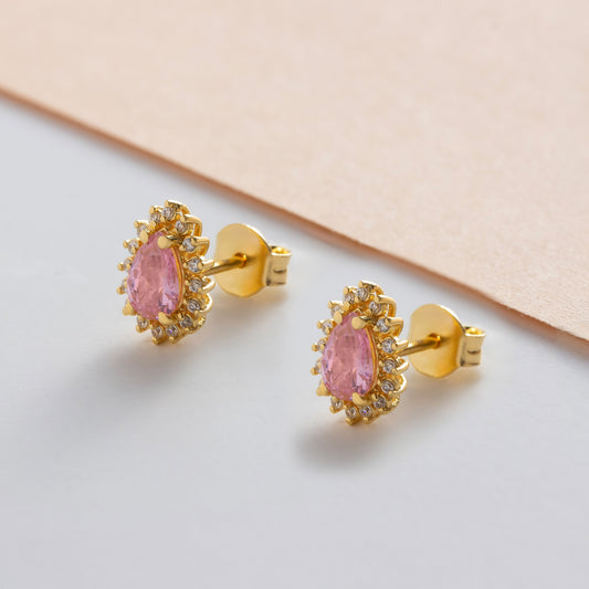 Teardrop Pink Tourmaline Bezel Stud Earrings in 10K/14K Solid Gold Surrounded with Real Diamonds, October Birthstone Jewelry