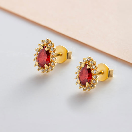 Teardrop Garnet Bezel Stud Earrings in 10K/14K Solid Gold Surrounded with Real Diamonds, January Birthstone Jewelry