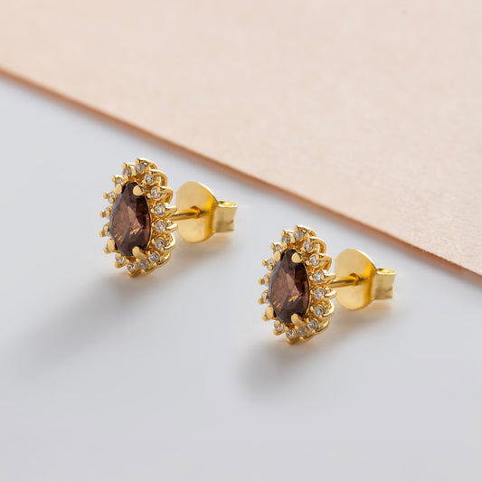 Teardrop Smoky Quartz Bezel Stud Earrings in 10K/14K Solid Gold Surrounded with Real Diamonds, Birthstone Jewelry