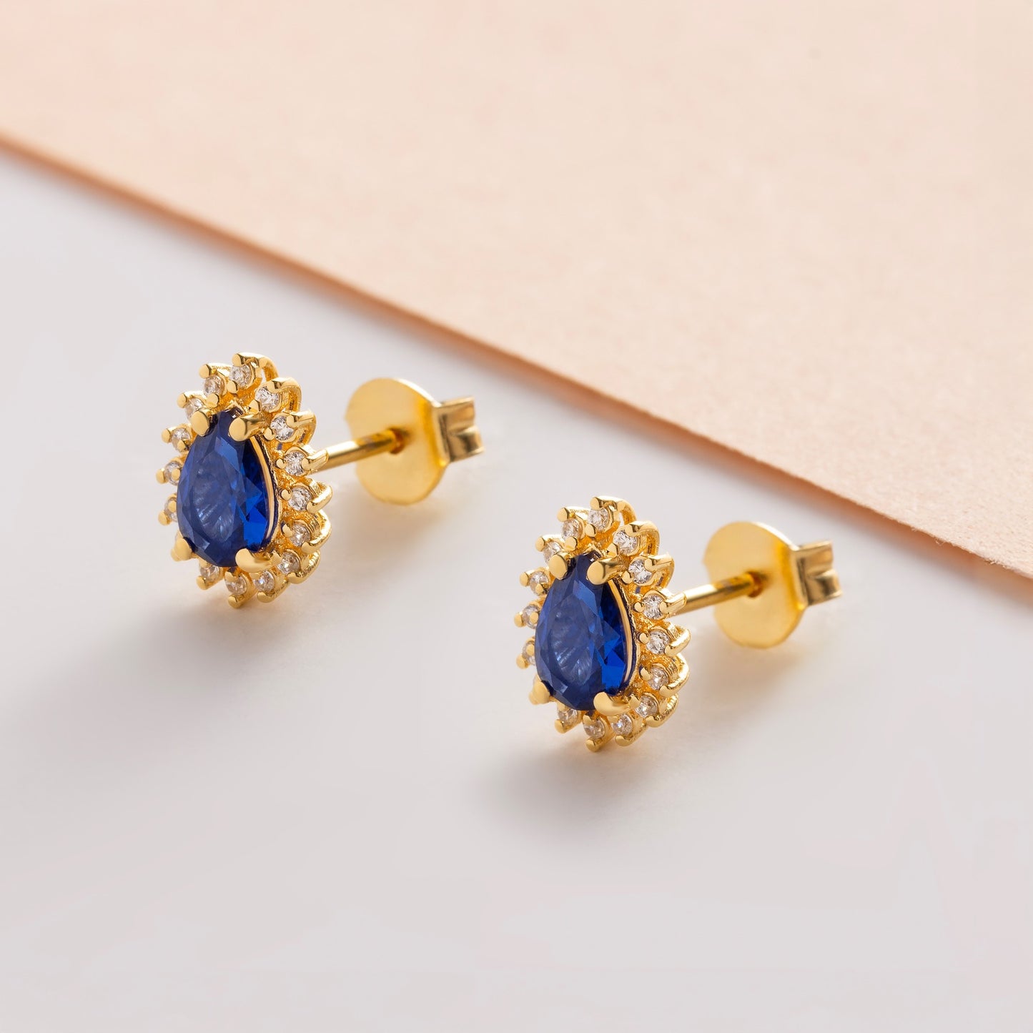 Teardrop Sapphire Bezel Stud Earrings in 10K/14K Solid Gold Surrounded with Real Diamonds, September Birthstone Jewelry