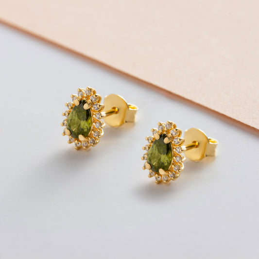 Teardrop Peridot Bezel Stud Earrings in 10K/14K Solid Gold Surrounded with Real Diamonds, August Birthstone Jewelry