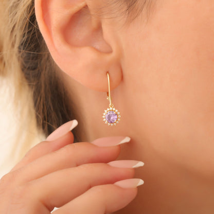 8K/10K/14K Solid Gold Amethyst Dangle Earrings in Round Shape Surrounded by Real Diamonds February Birthstone Jewelry