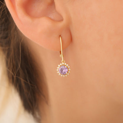 8K/10K/14K Solid Gold Amethyst Dangle Earrings in Round Shape Surrounded by Real Diamonds February Birthstone Jewelry