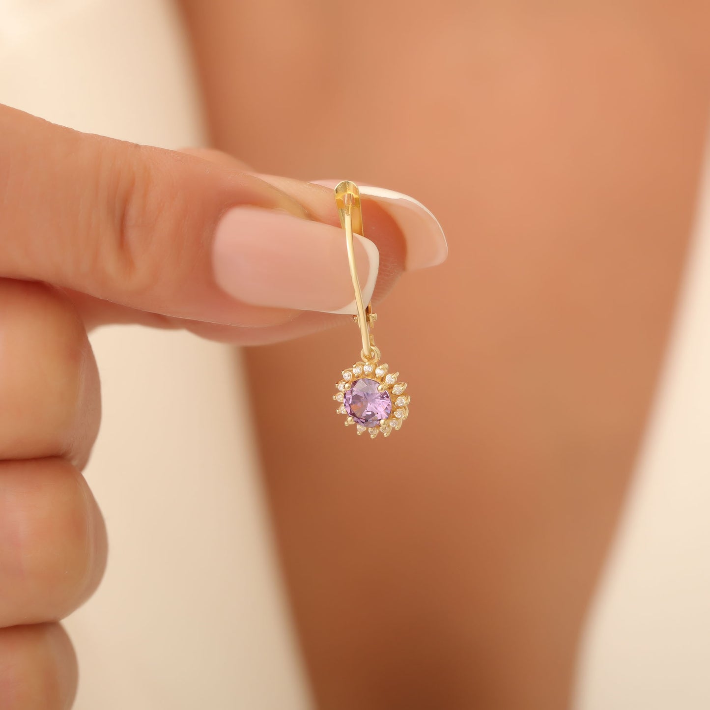 8K/10K/14K Solid Gold Amethyst Dangle Earrings in Round Shape Surrounded by Real Diamonds February Birthstone Jewelry