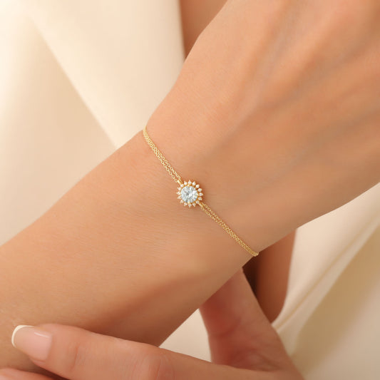 10K/14K Solid Gold Aquamarine Bracelet in Round Shape Surrounded by Real Diamonds
