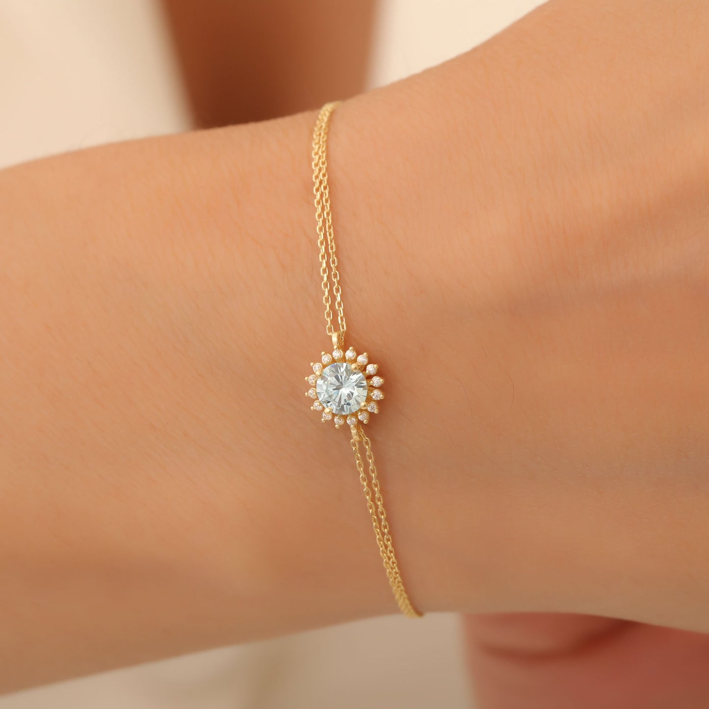 10K/14K Solid Gold Aquamarine Bracelet in Round Shape Surrounded by Real Diamonds