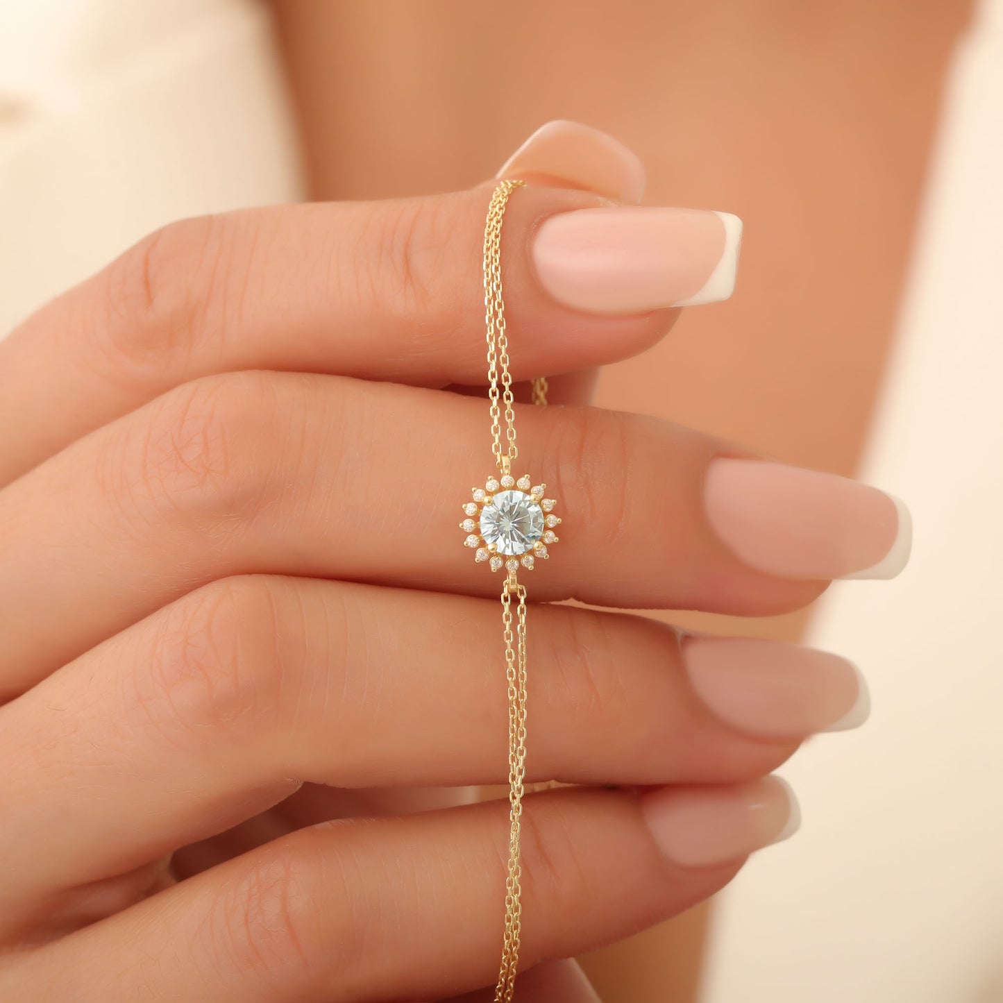 10K/14K Solid Gold Aquamarine Bracelet in Round Shape Surrounded by Real Diamonds