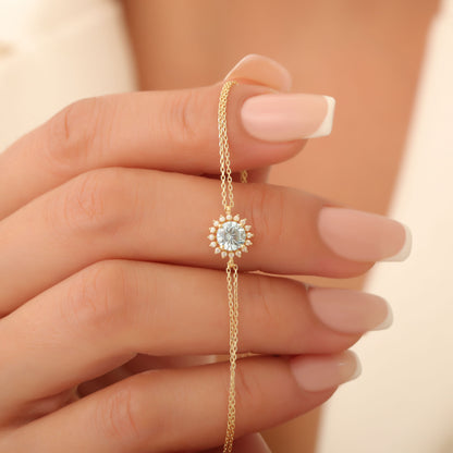 10K/14K Solid Gold Aquamarine Bracelet in Round Shape Surrounded by Real Diamonds