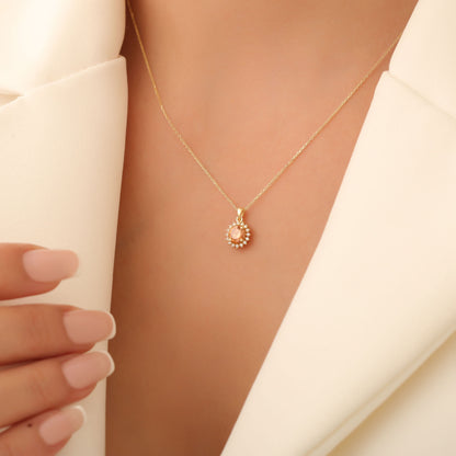 10K/14K Solid Gold Citrine Necklace in Round Shape Surrounded by Real Diamonds, Timeless Birthstone Jewelry for November Gifts
