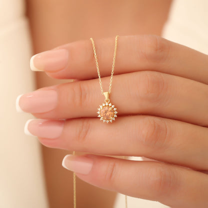 10K/14K Solid Gold Citrine Necklace in Round Shape Surrounded by Real Diamonds, Timeless Birthstone Jewelry for November Gifts