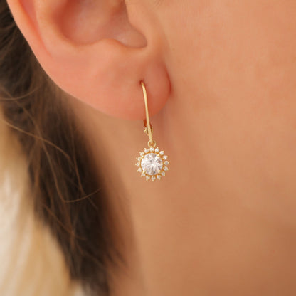 8K/10K/14K Solid Gold White Topaz Dangle Earrings in Round Shape Surrounded by Real Diamonds, Birthstone Jewelry for April Gifts