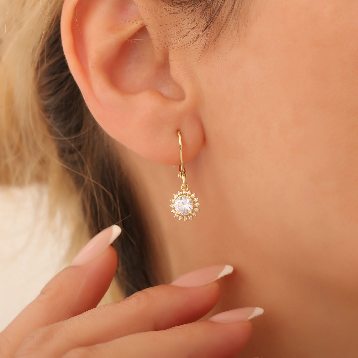 8K/10K/14K Solid Gold White Topaz Dangle Earrings in Round Shape Surrounded by Real Diamonds, Birthstone Jewelry for April Gifts