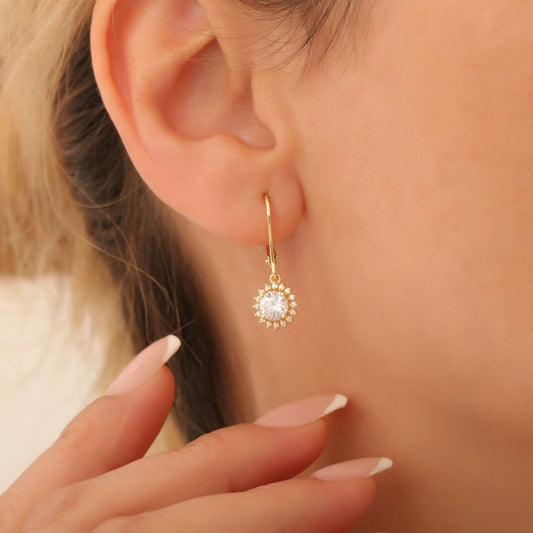 8K/10K/14K Solid Gold White Topaz Dangle Earrings in Round Shape Surrounded by Real Diamonds, Birthstone Jewelry for April Gifts