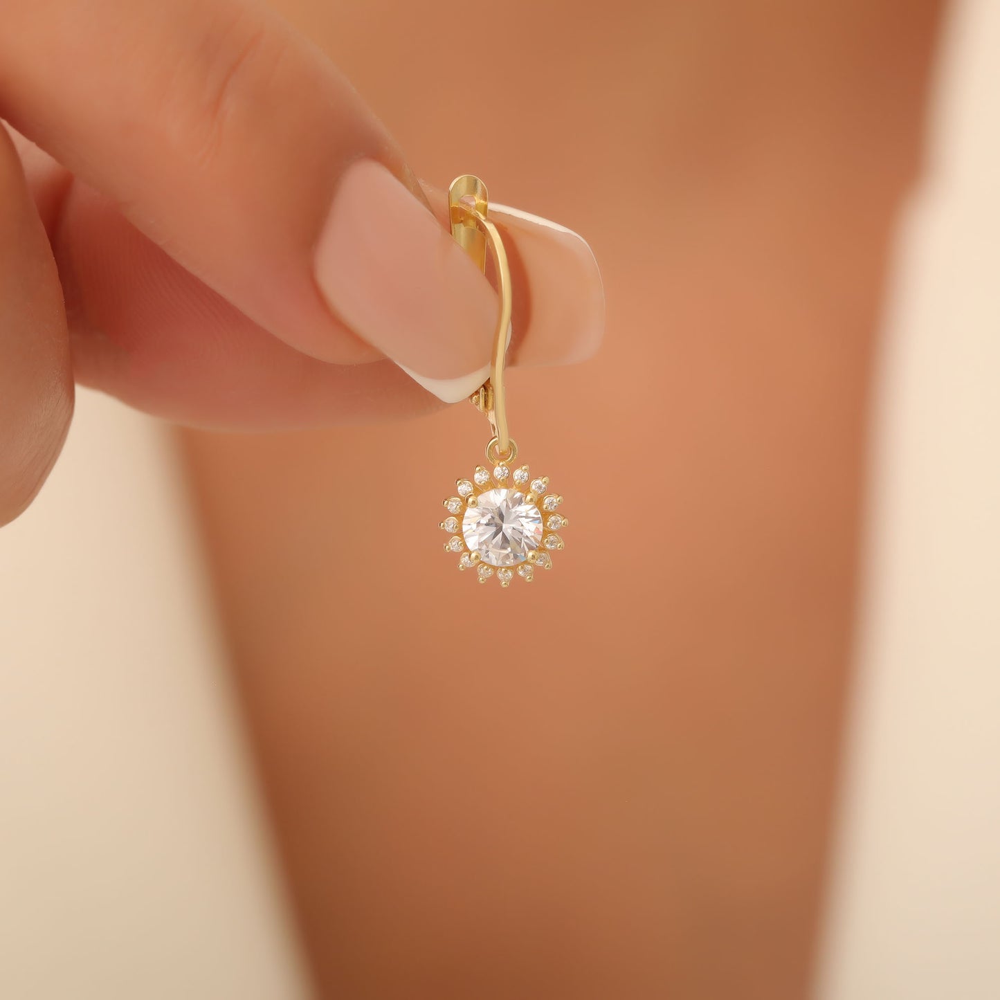 8K/10K/14K Solid Gold White Topaz Dangle Earrings in Round Shape Surrounded by Real Diamonds, Birthstone Jewelry for April Gifts