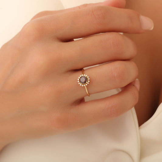 Smoky Quartz Ring in Round 8K/10K/14K Solid Gold Shape Surrounded by Real Diamonds