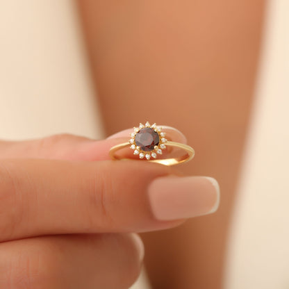 Smoky Quartz Ring in Round 8K/10K/14K Solid Gold Shape Surrounded by Real Diamonds