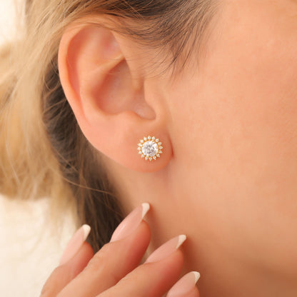 10K/14K Solid Gold White Topaz Stud Earrings in Round Shape Surrounded by Real Diamonds, Birthstone Jewelry for April