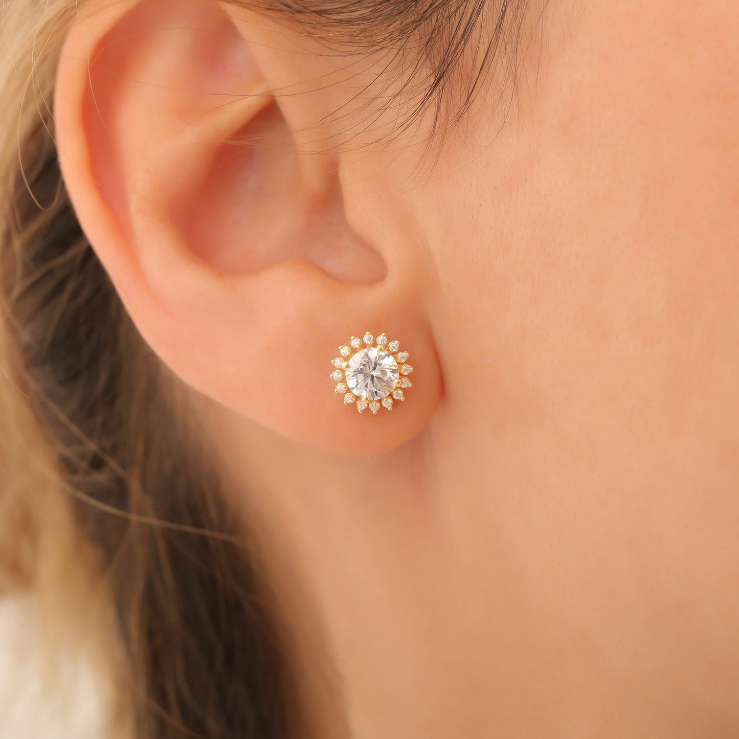 10K/14K Solid Gold White Topaz Stud Earrings in Round Shape Surrounded by Real Diamonds, Birthstone Jewelry for April