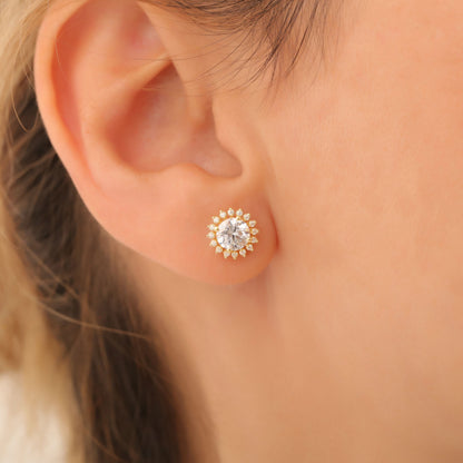 10K/14K Solid Gold White Topaz Stud Earrings in Round Shape Surrounded by Real Diamonds, Birthstone Jewelry for April