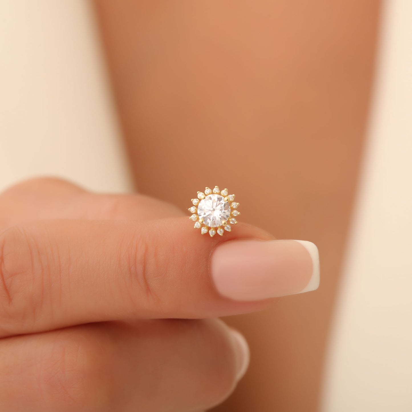 10K/14K Solid Gold White Topaz Stud Earrings in Round Shape Surrounded by Real Diamonds, Birthstone Jewelry for April