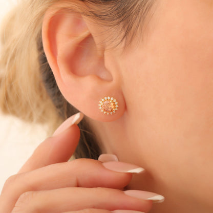 10K/14K Solid Gold Citrine Stud Earrings in Round Shape Surrounded by Real Diamonds, Birthstone Jewelry for November
