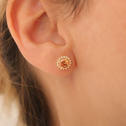 10K/14K Solid Gold Citrine Stud Earrings in Round Shape Surrounded by Real Diamonds, Birthstone Jewelry for November