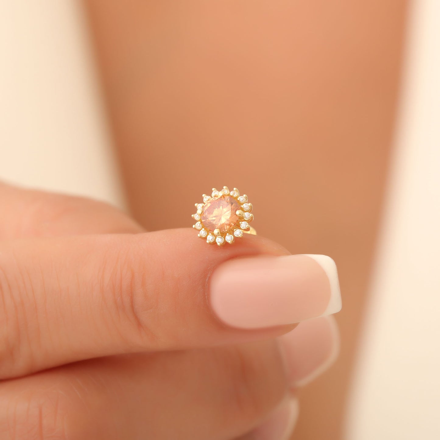 10K/14K Solid Gold Citrine Stud Earrings in Round Shape Surrounded by Real Diamonds, Birthstone Jewelry for November