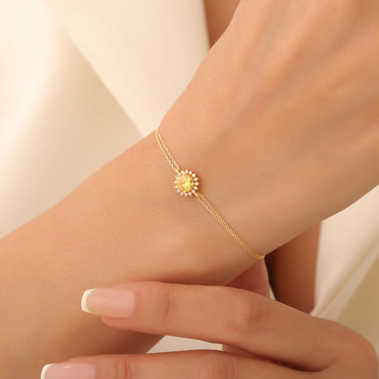 10K/14K Solid Gold Yellow Topaz Bracelet in Round Shape Surrounded by Real Diamonds