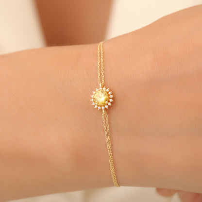 10K/14K Solid Gold Yellow Topaz Bracelet in Round Shape Surrounded by Real Diamonds