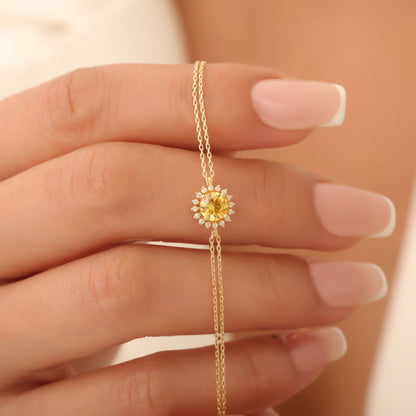 10K/14K Solid Gold Yellow Topaz Bracelet in Round Shape Surrounded by Real Diamonds