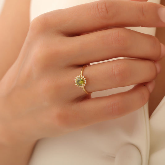 Peridot Ring in Round 8K/10K/14K Solid Gold Shape Surrounded by Real Diamonds, August Birthstone