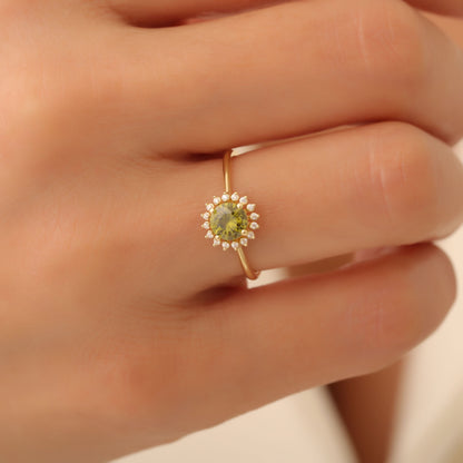 Peridot Ring in Round 8K/10K/14K Solid Gold Shape Surrounded by Real Diamonds, August Birthstone
