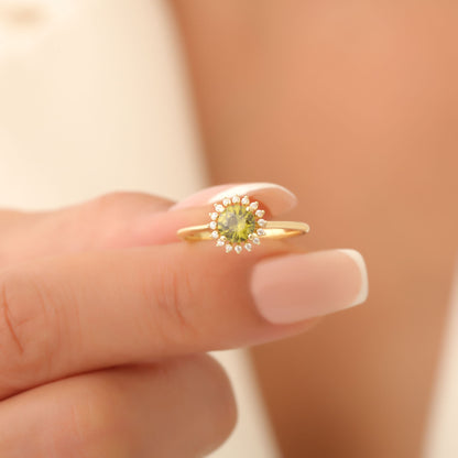 Peridot Ring in Round 8K/10K/14K Solid Gold Shape Surrounded by Real Diamonds, August Birthstone