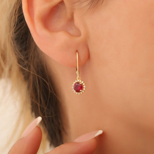 8K/10K/14K Solid Gold Ruby Dangle Earrings in Round Shape Surrounded by Real Diamonds, Perfect for Anniversary, Christmas or July Birthstone Gift